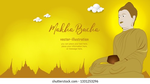 Silueta de la estatua de buddha sobre fondo lunar - Magha Asanha Visakha Puja Day - Vector de papel en la sangre y en la nube