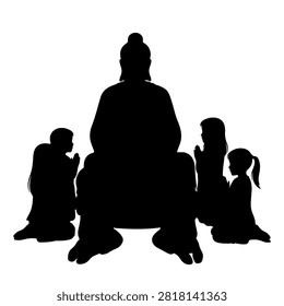 Silhouette of Buddha statue surrounded by praying devotees in a spiritual setting, emphasizing meditation, faith, and tranquility.