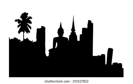 Silhouette Buddha Statue in Wat Mahathat Temple in Sukhothai Historical Park, Sukhothai Province, Thailand.