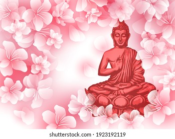 Silhouette of Buddha under a cherry blossom. Pink sakura petals and flying flowers. Horizontal banner in gentle delicate pink colors