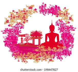 Silhouette of a Buddha,Asian landscape in grunge texture 