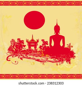 Silhouette of a Buddha,Asian landscape in grunge texture 