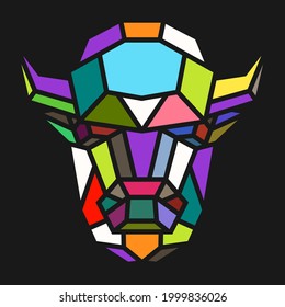 Silhouette of buffalo head from lines in colorful geometric polygonal style isolated on black background. Modern pop art graphic design element for label, print or poster. Vector bright illustration.