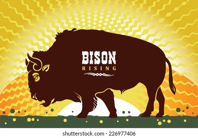 silhouette of the buffalo on the background of the rising sun with text