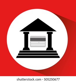 silhouette building bank card credit debit icon over red backgroun