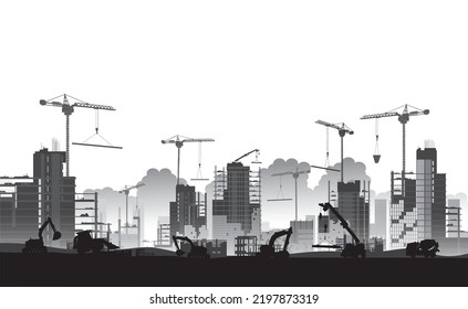 Silhouette Building construction site with cranes and skyscraper and  excavators with grader