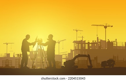 Silhouette building construction site with a tower crane and engineer and workers.Vector illustration