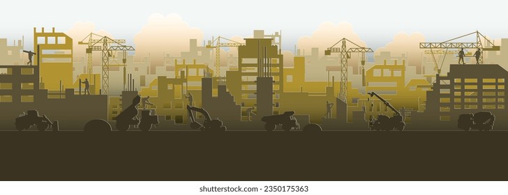 Silhouette building construction site with a tower crane and engineer and workers.Vector illustration