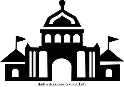 A silhouette of a building with a dome and flags.