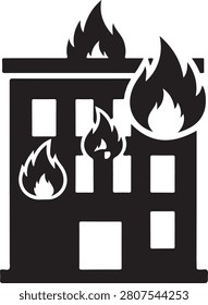 Silhouette of a building engulfed in flames, isolated on a white background, fire hazard warning symbol