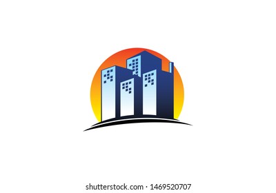 Silhouette Building Hotel Logo Vector Icon with sun background