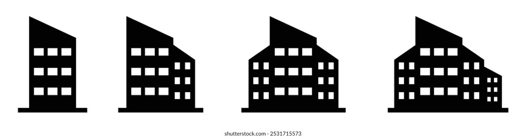 Silhouette building icon set in different shape. City building silhouette vector icon isolated set. Apartment illustration sign symbol black and white color. City buildings logo. Set of four.