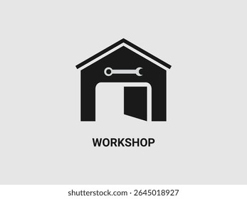 a silhouette of a building resembling a garage or workshop