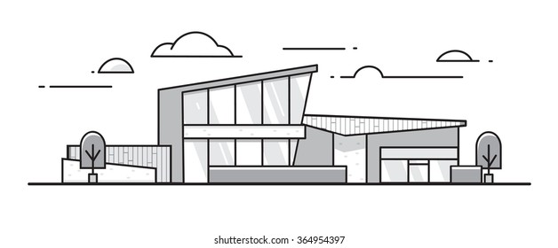 The silhouette of the building a shopping centre on a white background
