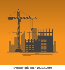 silhouette building site work process under construction with cranes and machines.Vector illustration.