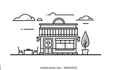 The silhouette of the building a small cafe on a white background
