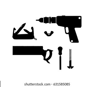 Silhouette building tool set. Drawing plan layout of industrial and home instrument for construction and repair