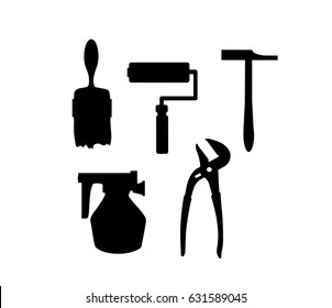 Silhouette building tool set. Drawing plan layout of industrial and home instrument for construction and repair