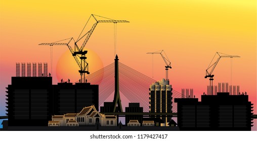 The silhouette of the building is under construction and the old temple in the city.