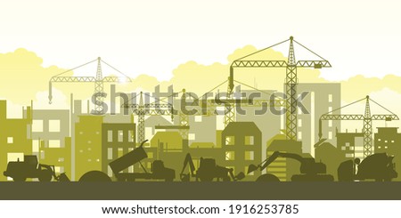 Silhouette of building work process with construction machines. Process of construction big building under construction. Vector illustration.
