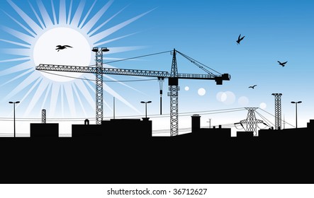 Silhouette of a buildings being built with a crane on the construction plant at day time.