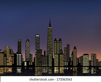 silhouette of buildings in chicago city downtown with light from windows and water reflection at evening,morning sky (vector)