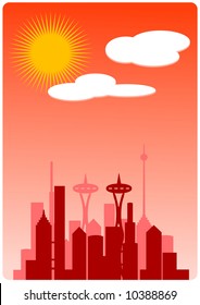 Silhouette buildings with cloudy sky (vector, illustration)