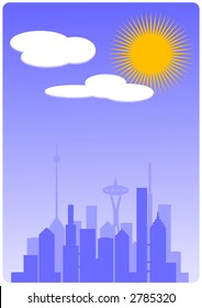 Silhouette buildings with cloudy sky (vector, illustration)