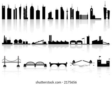 Silhouette buildings factorys and bridges of different kind