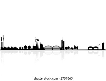 Silhouette buildings. Industrial city skyline with reflex.