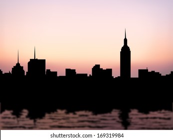 silhouette buildings in manhattan at new york city and water reflection at evening or morning sky background (vector)