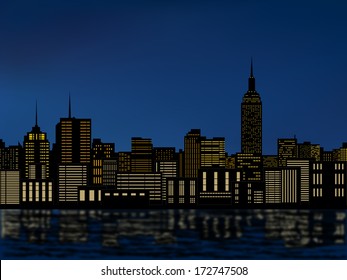 silhouette buildings, new york city, downtown, cityscape with light from windows and water reflection at night skyline vector 