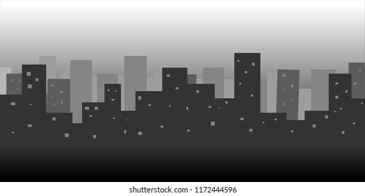 Silhouette of Buildings in a night. Gray sky from rain and mist