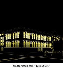 silhouette of buildings and streets at night on black background