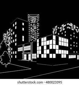 silhouette of buildings and streets at night on black background