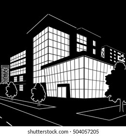 silhouette of buildings and streets at night on black background