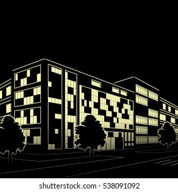 silhouette of buildings and streets at night on black background