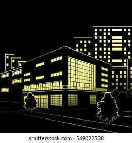 silhouette of buildings and streets at night on black background
