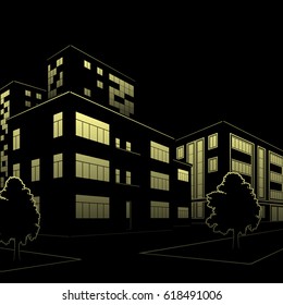 silhouette of buildings and streets at night on black background