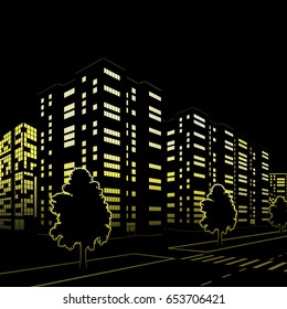 silhouette of buildings and streets at night on black background