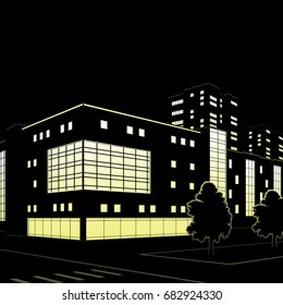 silhouette of buildings and streets at night on black background