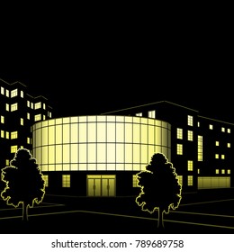 silhouette of buildings and streets at night on black background