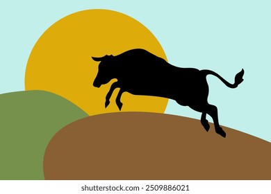 La silueta de un toro contra el fondo del atardecer o el amanecer. Toro corriendo, toro saltando