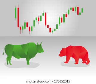 Silhouette of a bull and a bear, and a price chart.