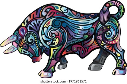 Silhouette of a bull filled with colored ornament