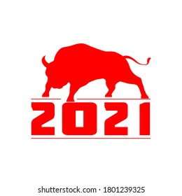 The silhouette of a bull, head bowed low and legs apart. Congratulations concept for New year 2021. Vector illustration isolated on a white background.