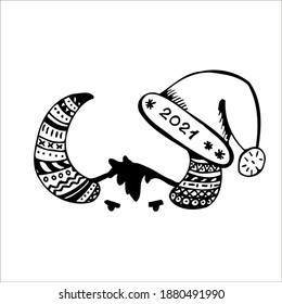 Silhouette of a bull. New Year 2021. Bull horns. Doodle style illustration, black and white, isolated on white background. Simple single element