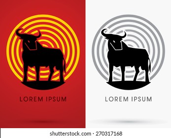 Silhouette, Bull Standing, on yellow cycle line background, sign ,logo, symbol, icon, graphic, vector. 