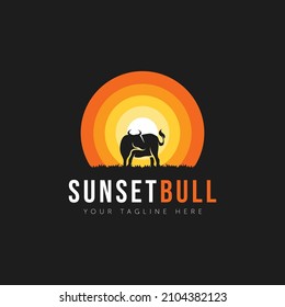 silhouette bull sunset in negative space logo template vector illustration design