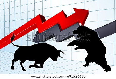 Silhouette bull versus bear mascot characters in front of a stock market or profit graph concept